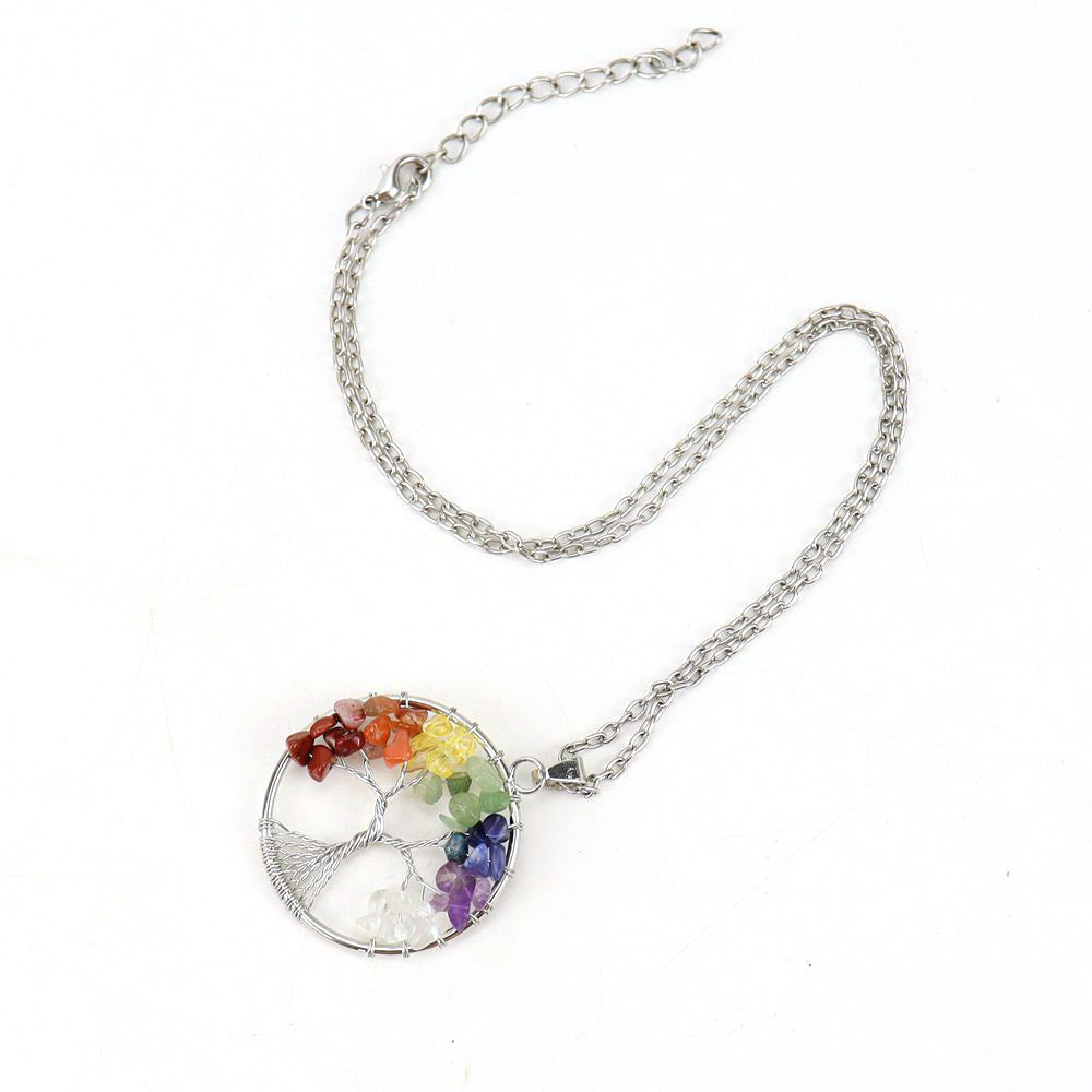Wholesale Silver Hand-wound Colorful Crystal Gravel Tree of Life Necklace